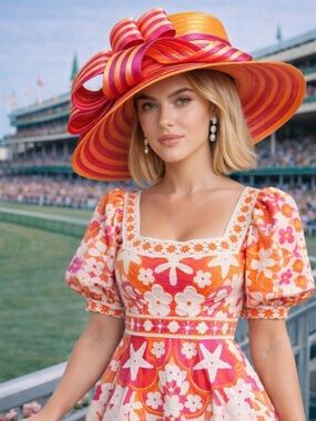 Kentucky Derby Oaks Orange & Pink Statement Hat Bold Stripe Spring
